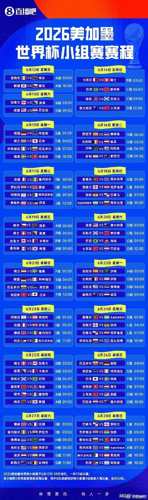 2026世界杯小组赛赛程高清版完整安排免费观看
